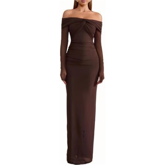Off Shoulder Long Sleeve Maxi Dress Brown - Picture 2 of 6